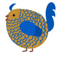 A gold and ultramarine chicken with a lace pattern