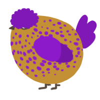 A gold and violet chicken with a speckle pattern
