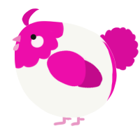 A white and fuchsia chicken with a head pattern