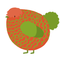 A vermilion and chartreuse chicken with a lace pattern