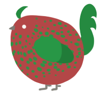 A red and viridian chicken with a speckle pattern