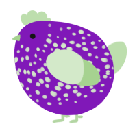 A violet and gluppy chicken with a speckle pattern