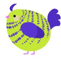A lime and indigo chicken with a bar pattern