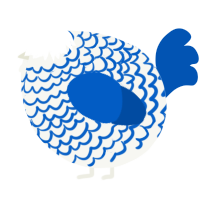 A white and ultramarine chicken with a lace pattern