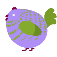 A lilac and chartreuse chicken with a bar pattern