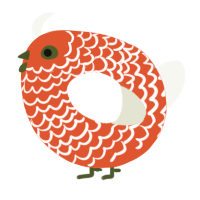 A vermilion and white chicken with a lace pattern