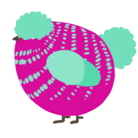 A fuchsia and mint chicken with a bar pattern
