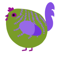 A chartreuse and blurple chicken with a half-bar pattern