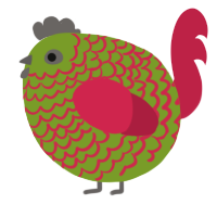 A chartreuse and crimson chicken with a lace pattern