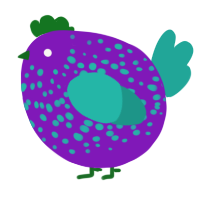 A violet and turquoise chicken with a speckle pattern