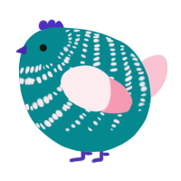A teal and rose chicken with a bar pattern