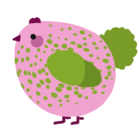 A pink and chartreuse chicken with a speckle pattern