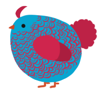 A cerulean and crimson chicken with a double-lace pattern