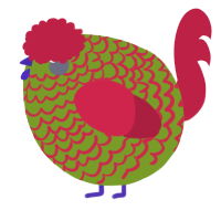 A chartreuse and crimson chicken with a lace pattern