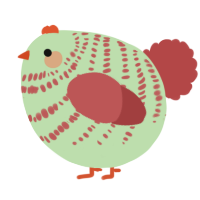 A gluppy and red chicken with a bar pattern
