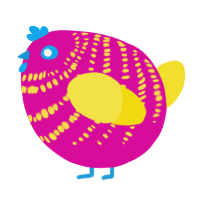 A fuchsia and yellow chicken with a bar pattern