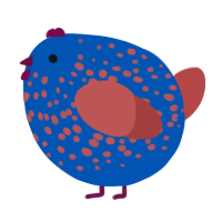 A ultramarine and red chicken with a speckle pattern