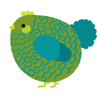A chartreuse and teal chicken with a lace pattern