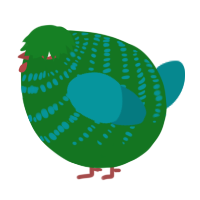 A leaf and teal chicken with a bar pattern