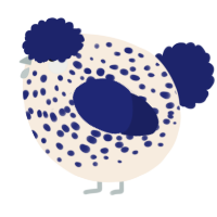 A cream and navy chicken with a speckle pattern