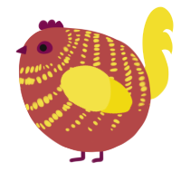 A red and yellow chicken with a bar pattern
