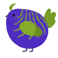 A indigo and chartreuse chicken with a half-bar pattern