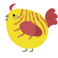 A yellow and red chicken with a half-bar pattern
