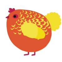 A vermilion and yellow chicken with a half-lace pattern