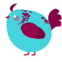 A aqua and maroon chicken with a neck-speckle pattern