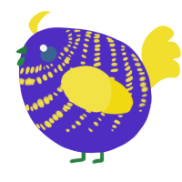 A indigo and yellow chicken with a bar pattern