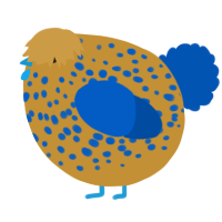 A gold and ultramarine chicken with a speckle pattern