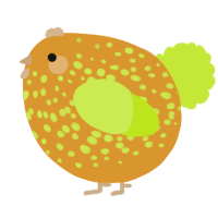 A orange and lime chicken with a speckle pattern