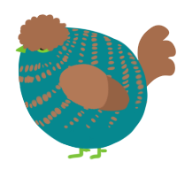 A teal and brown chicken with a bar pattern