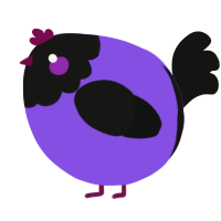 A blurple and black chicken with a head pattern