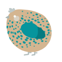 A beige and teal chicken with a speckle pattern
