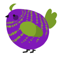 A violet and chartreuse chicken with a bar pattern