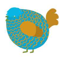 A cerulean and ochre chicken with a lace pattern
