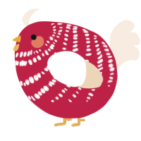 A crimson and cream chicken with a bar pattern