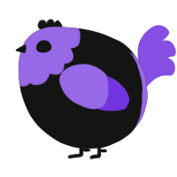A black and blurple chicken with a head pattern