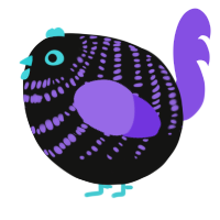 A black and blurple chicken with a bar pattern