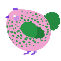 A pink and viridian chicken with a speckle pattern