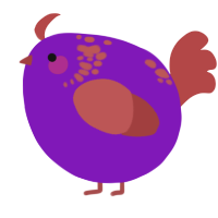A violet and red chicken with a neck-speckle pattern