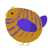 A ochre and indigo chicken with a bar pattern