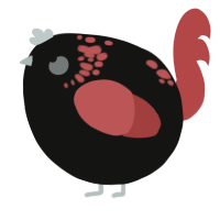 A black and red chicken with a neck-speckle pattern