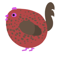 A red and bark chicken with a speckle pattern