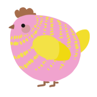 A pink and yellow chicken with a bar pattern