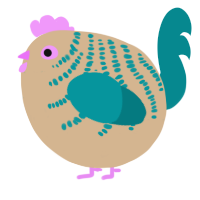 A beige and teal chicken with a half-bar pattern