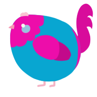 A cerulean and fuchsia chicken with a head pattern