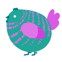 A turquoise and orchid chicken with a bar pattern