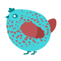 A aqua and red chicken with a speckle pattern